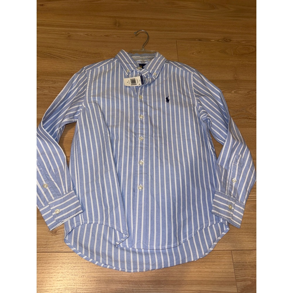Ralph Lauren Boys Blue White Striped Oxford Button Down Shirt Size 10 NWT